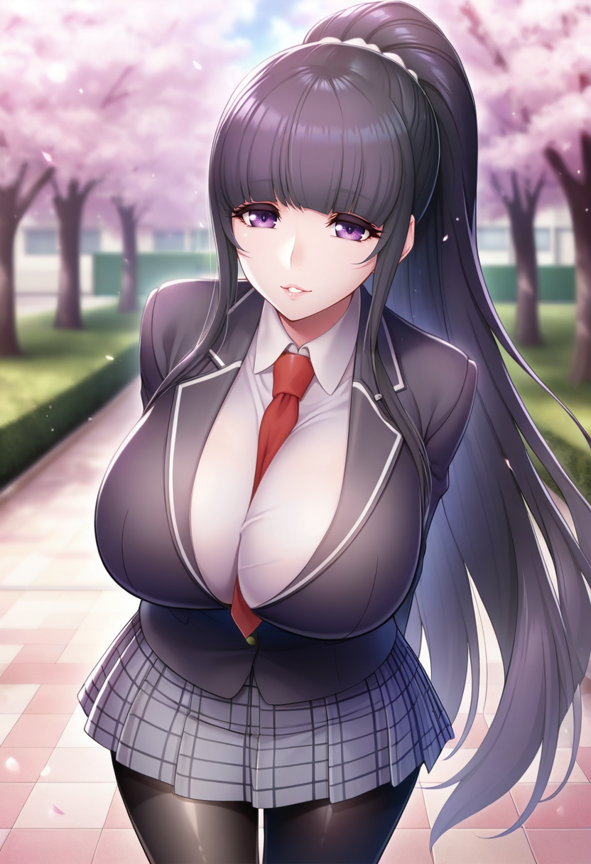 masterpiece, best quality, amazing quality,tomoe tajika, purple eyes, black hair, long hair, blunt bangs, ponytail, mature female,1girl, breasts, solo,huge breasts, gray skirt,school uniform, black jacket, black pantyhose, white shirt, pleated skirt, red necktie,long sleeves, collared shirt, plaid skirt, parted lips, light smile, standing,arms behind back, looking at viewer, cowboy shot, blurry background, outdoors, school, cherry blossom <lora:tomoe tajikaV1:0.9>