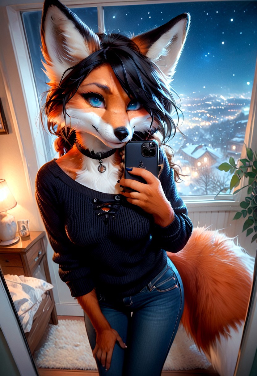 score_9, score_8_up, score_7_up, braided black hair, anthro fox female,foxfolk,perfecteyes,blue eyes, one eye covered by hair, open chest, medium breasts, down blouse,black choker, black knittet sweater,over sized sweater, tights, jeans,from above, selfie, looking at viewer,dutch angle, perfect quality, high quality,  at night ,cosy athmosphere, expressiveH