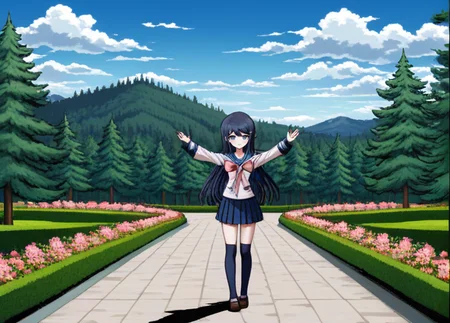 <lora:Sayaka_Maizono_SDXL:1>, (((blue socks))), The image is a screenshot from the Danganronpa S and is in danganronpa sprite style. (((blue socks))), Sayaka Maizono wearing her uniform from Danganronpa 1. She has her long blue hair down. She is wearing the white and blue Hope's Peak Academy uniform with a bright white top. Her sleeves reach her wrists. She's wearing a light pink ribbon. She has a short, pleated, blue skirt. Sayaka Maizono wears navy blue thigh-high socks. Her footwear is dark brown Mary Janes shoes. Sayaka Maizono has a neutral expression . Sayaka Maizono is enacting a t-pose amid A serene landscape featuring a winding concrete path through a manicured garden. In the foreground, lush green grass surrounds the path, which curves gracefully from the bottom right towards the center. The path is bordered by neatly trimmed hedges and colorful flower beds. In the middle ground, tall evergreen trees dominate the scene, their dark green needles contrasting against a partly cloudy sky. The trees are a mix of pine and fir, with some reaching heights well above the others. The background reveals distant forested hills. The sky is dramatic, with large, puffy white and gray clouds scattered across a pale blue expanse. Sunlight filters through the clouds, creating a dappled effect on the landscape. The scene suggests late spring or early summer, with vibrant greenery and blooming plants. The lighting is bright but diffused, softening shadows and enhancing the natural beauty of the park-like setting.