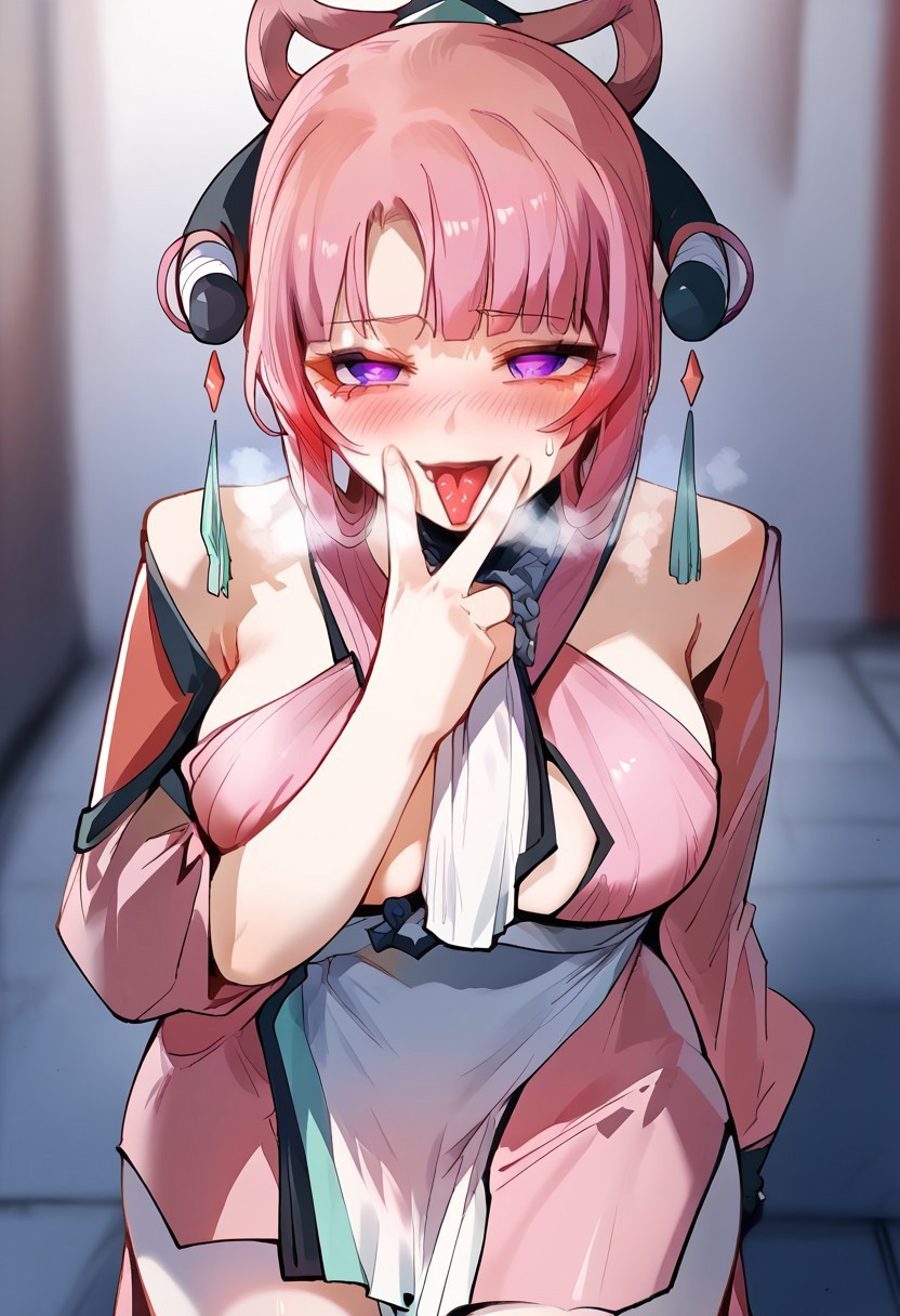 safe_pos, zPDXL3, score_9_up, score_8_up, score_7_up, (Anime_source), 1girl, CenXinger, purple eyes, pink hair, long hair, updo hair, headgear, large breast, leaning towards, looking at viewer, heavy breathing, sweatdrops, cowboy shot, horny, blush, v over face, tongue out, heart-shaped pupils