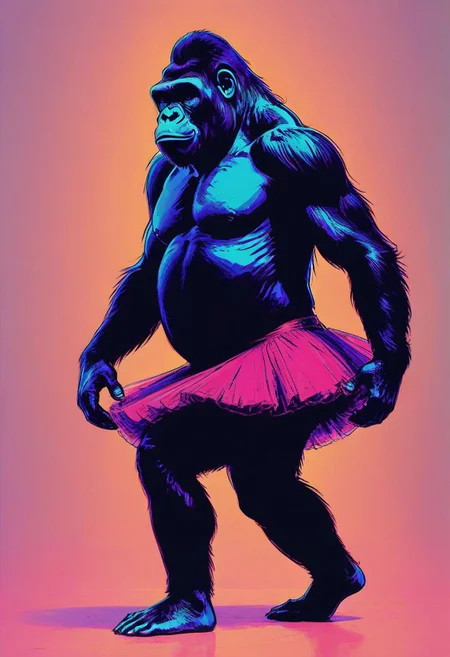 medium shot, full body, ballet pose, impactful color paint of, a gorilla wearing a ballet tutu skirt, highly detailed, vibrant colors , 8k, sharp, professional, clear, high contrast, high saturated, , vivid deep blacks, crystal clear