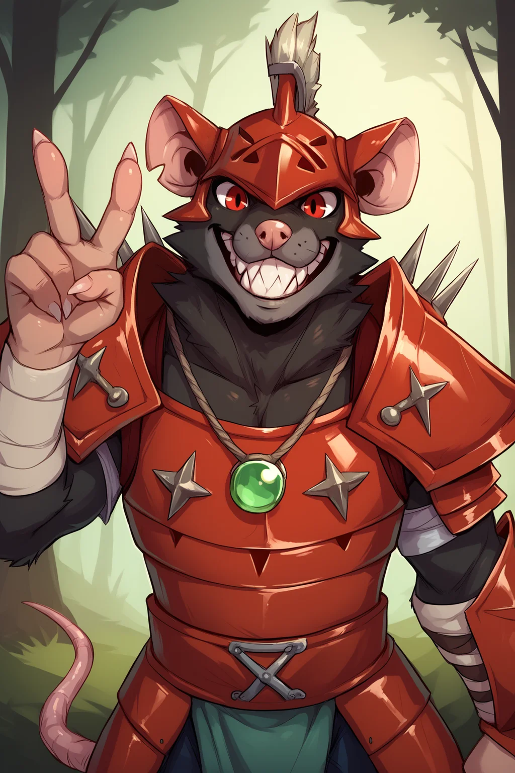 score_9, score_8_up, score_7_up, score_6_up, score_5_up, score_4_up, BREAK, SkavenSWF, anthro furry, furry male, black fur, snout, red eyes, sharp teeth, rat teeth, rat ears, rat tail, rat, red helmet, (bones on helmet), red armor, necklace green jewel, spikes, shoulder armor, red breastplate, solo, front view, ((peace sign)), (portrait, upper body), solo focus, grin, looking at viewer, forest, tree <lora:SkavenSWF:0.9>
