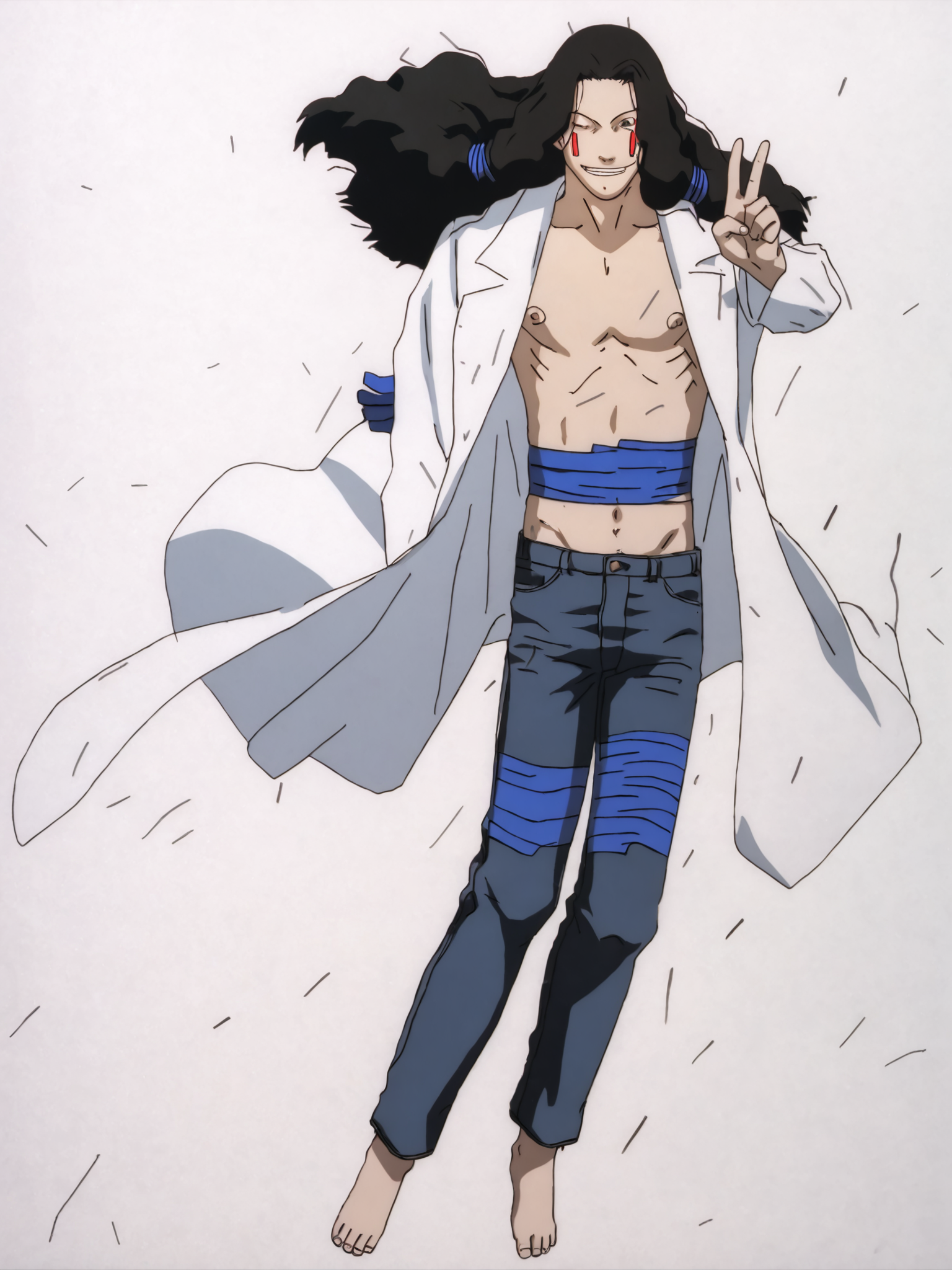 score_9, source_anime, rating_explicit, masterpiece, best quality, BREAK, white background, 1boy, <lora:Masami Eiri_PDXLv0:0.8> masami eiri \(sel\), labcoat, jeans, barefoot, v, floating, solo,