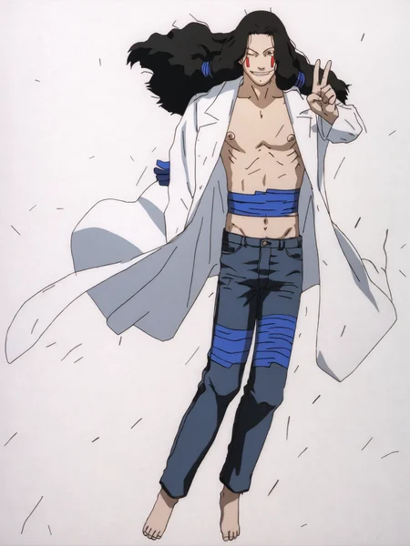 score_9, source_anime, rating_explicit, masterpiece, best quality, BREAK, white background, 1boy, <lora:Masami Eiri_PDXLv0:0.8> masami eiri \(sel\), labcoat, jeans, barefoot, v, floating, solo,