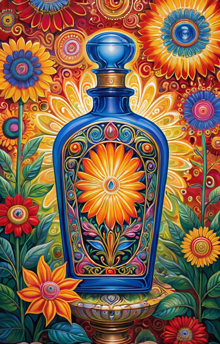 masterpiece,best quality,<lora:tbh375-sdxl:0.6>,illustration,style of Alex Grey A bottle of perfume in garden