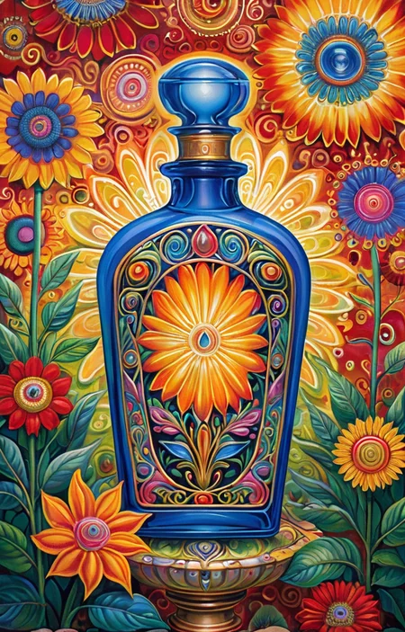 masterpiece,best quality,<lora:tbh375-sdxl:0.6>,illustration,style of Alex Grey A bottle of perfume in garden