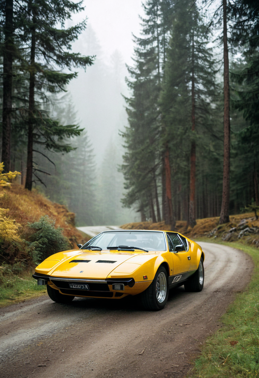 ClassicSportsCar, gleaming yellow DeTomaso Pantera, side front view, path in Swiss Alps forest, foggy, pine trees, 4K, highly detailed, (stylish grainy analog 35mm film photo)