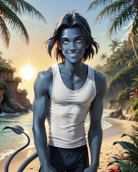 score_9, score_8_up, score_7_up, intricate details, rating_questionable,
<lora:homri52:1>,
<lora:Nightcrawler_X-Men_Evolution:0.8>,
1boy(nightcrawler, dark blue hair, blue skin, yellow eyes, tail with spaded tip, looking at the viewer, solo, happy,
white tank top, blue shorts), outdoors, on a beach, tropical beach, summer, sunshine,
detailed background, depth of field,
<lora:ral-chrosc-clr:0.5>, ral-chrosc-clr,
<lora:xl_more_art-full_v1:0.3>,
<lora:add-detail-xl:0.3>