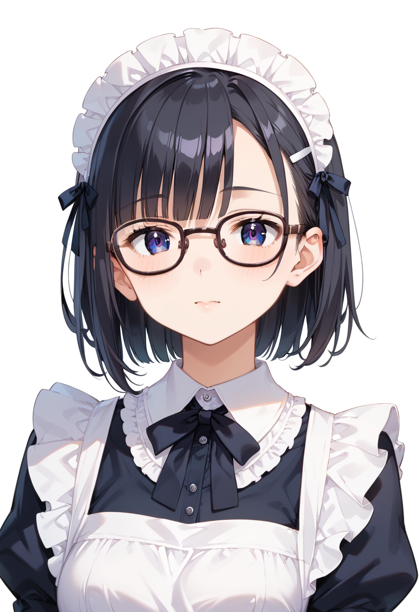 score_9, score_8_up, score_7_up, rating_safe, masterpiece, best quality, absurdres, unity 8k wallpaper, official art, official style, source_anime, uncensored, game cg, megami magazine,
1girl, solo, black hair, medium hair, upper body, covered eyes,maid, maid headdress, black dress, maid apron, face focus,
oval_metal, glasses, still life, white background, simple background, black-framed eyewear,
 <lora:glasses_OvalMetal1_PONY_V1:1>