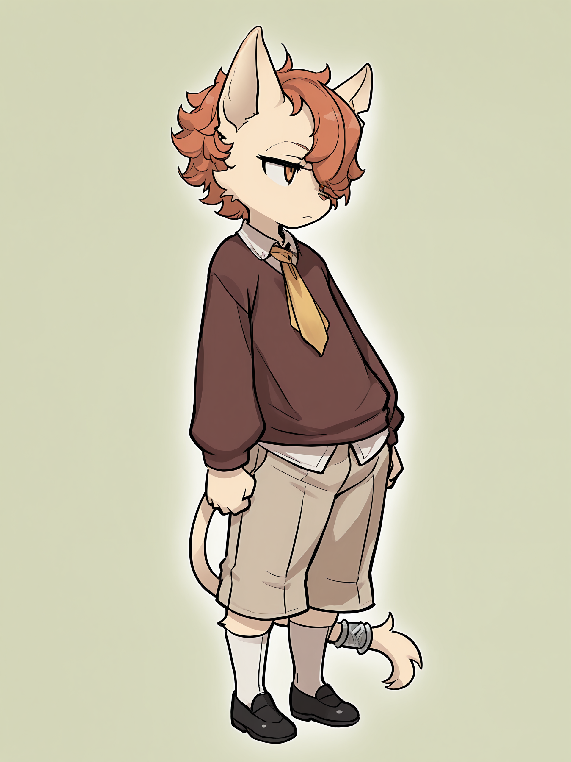 BREAK, <lora:Kyle_Bavarois_V1_Illustrious:1>, kyle bavarois, fuga: melodies of steel, kemono, furry male, cat boy, young male, 1boy, cream fur, short hair, orange hair, hair over one eye, orange eyes, animal ears, cat ears, cat tail, tail ring,
BREAK, fuga 1 outfit, black shoes, white socks, beige shorts, brown sweater, tan undershirt, yellow necktie
BREAK, (solo), full body, looking away, bored, frown, head tilt,
