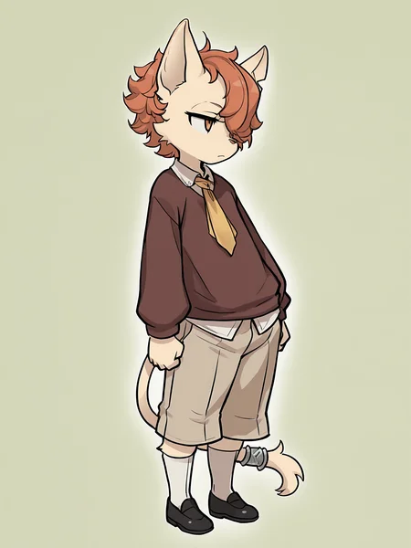 BREAK, <lora:Kyle_Bavarois_V1_Illustrious:1>, kyle bavarois, fuga: melodies of steel, kemono, furry male, cat boy, young male, 1boy, cream fur, short hair, orange hair, hair over one eye, orange eyes, animal ears, cat ears, cat tail, tail ring,
BREAK, fuga 1 outfit, black shoes, white socks, beige shorts, brown sweater, tan undershirt, yellow necktie
BREAK, (solo), full body, looking away, bored, frown, head tilt,