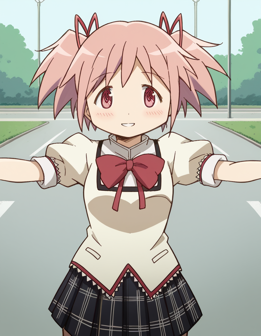 score_9, score_8_up, score_7_up, source_anime, <lora:madoka-kaname-s1-ponyxl-lora-nochekaiser:1>, madoka kaname, short hair, ribbon, twintails, hair ribbon, pink hair, pink eyes, short twintails,, skirt, school uniform, mitakihara school uniform, puffy sleeves, plaid skirt, pleated skirt, bowtie, red bowtie, parking lot, cars, asphalt, spaces, open, smile, <lora:incoming-hug-ponyxl-lora-nochekaiser:1>, incoming hug, looking at viewer, reaching, reacing towards viewer, outstretched arms,, bedroom, smile, blush, parted lips, looking at viewer, solo,, dutch angle, cowboy shot