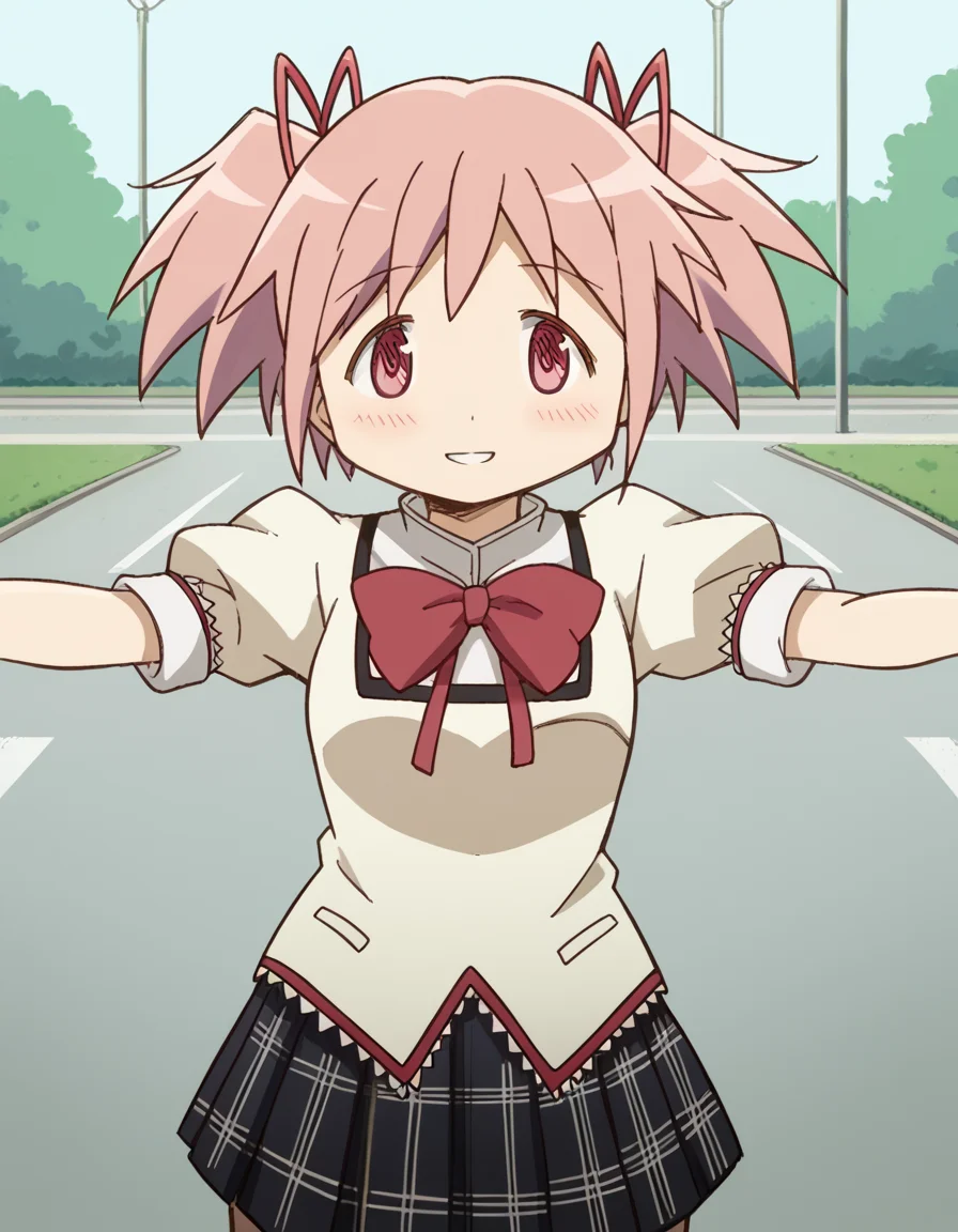 score_9, score_8_up, score_7_up, source_anime, <lora:madoka-kaname-s1-ponyxl-lora-nochekaiser:1>, madoka kaname, short hair, ribbon, twintails, hair ribbon, pink hair, pink eyes, short twintails,, skirt, school uniform, mitakihara school uniform, puffy sleeves, plaid skirt, pleated skirt, bowtie, red bowtie, parking lot, cars, asphalt, spaces, open, smile, <lora:incoming-hug-ponyxl-lora-nochekaiser:1>, incoming hug, looking at viewer, reaching, reacing towards viewer, outstretched arms,, bedroom, smile, blush, parted lips, looking at viewer, solo,, dutch angle, cowboy shot