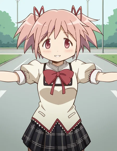 score_9, score_8_up, score_7_up, source_anime, <lora:madoka-kaname-s1-ponyxl-lora-nochekaiser:1>, madoka kaname, short hair, ribbon, twintails, hair ribbon, pink hair, pink eyes, short twintails,, skirt, school uniform, mitakihara school uniform, puffy sleeves, plaid skirt, pleated skirt, bowtie, red bowtie, parking lot, cars, asphalt, spaces, open, smile, <lora:incoming-hug-ponyxl-lora-nochekaiser:1>, incoming hug, looking at viewer, reaching, reacing towards viewer, outstretched arms,, bedroom, smile, blush, parted lips, looking at viewer, solo,, dutch angle, cowboy shot
