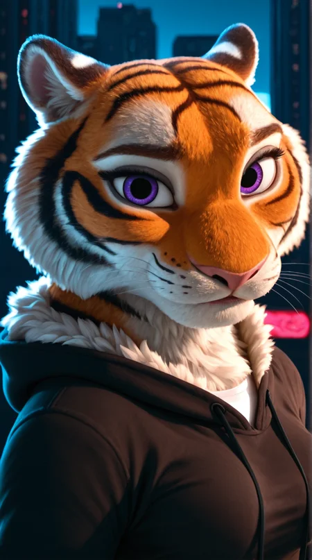 zootopia artstyle,
furry female anthro, tiger, portrait, close-up, (hoodie:1.2), fur trim, solo, (body fur:1.2), (best quality), (detailed urban background:1.2), dramatic lighting, (detailed fluffy fur:1.1), looking at viewer, medium breasts, white undershirt,
<lora:Zootopia_Art_Style_ill_3D:0.7>