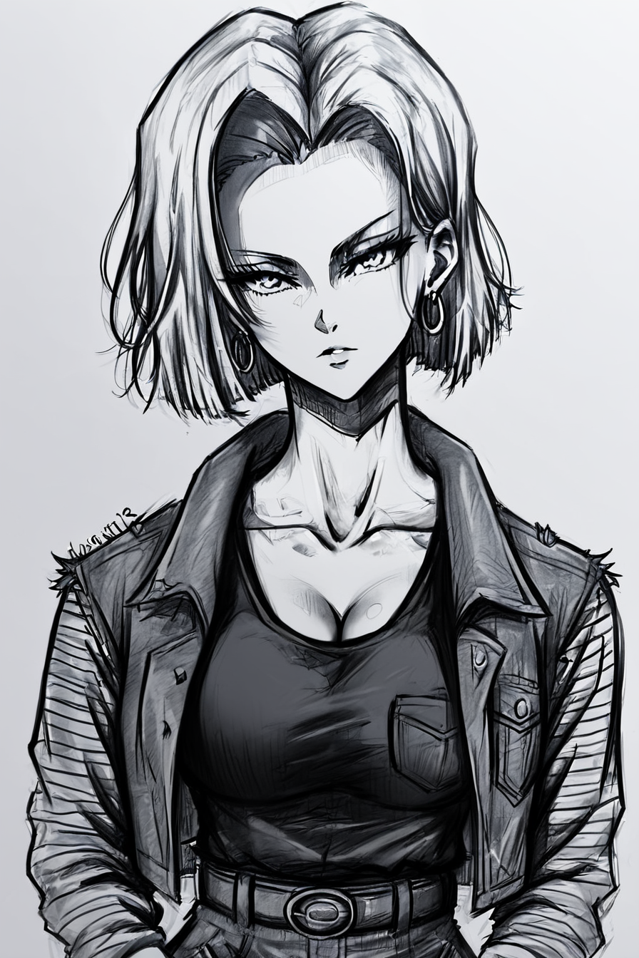 score_9, score_8_up, score_7_up, score_6_up, score_5_up, score_4_up <lora:android-18-ponyxl-lora-nochekaiser:0.8> ,android 18, white hair, eyelashes, hoop earrings, short hair, earrings, belt, black legwear, black shirt, breast pocket, cleavage, collarbone, denim, denim skirt, high-waist skirt, jewelry, long sleeves, pocket, shirt, shirt tucked in, skirt, striped, striped sleeves, waistcoat ,<lora:drawing_style_pony:1>, drawing_style, drawing, sketch, 1girl, looking at the viewer, solo, alone, lines drawing, monochrome, greyscale, masterpiece, highres