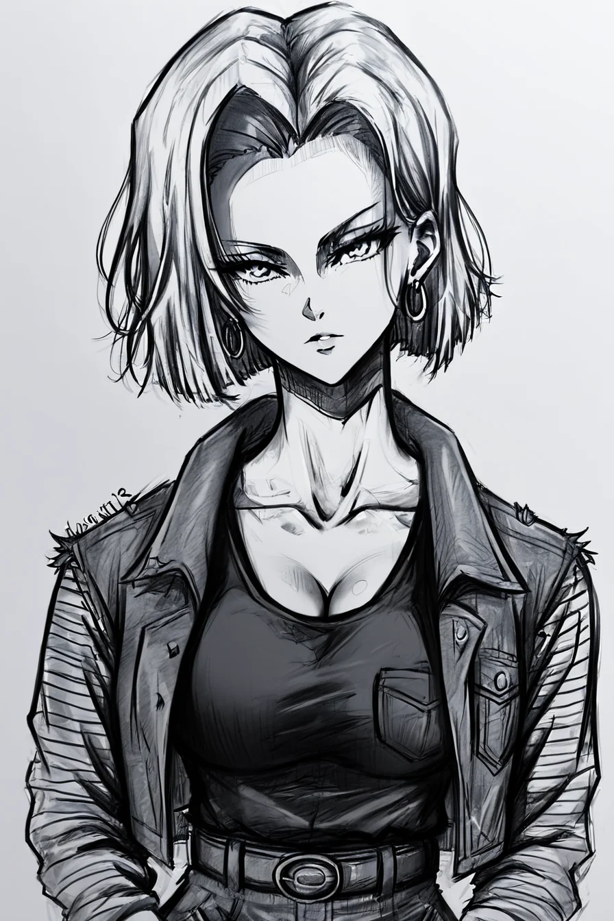 score_9, score_8_up, score_7_up, score_6_up, score_5_up, score_4_up <lora:android-18-ponyxl-lora-nochekaiser:0.8> ,android 18, white hair, eyelashes, hoop earrings, short hair, earrings, belt, black legwear, black shirt, breast pocket, cleavage, collarbone, denim, denim skirt, high-waist skirt, jewelry, long sleeves, pocket, shirt, shirt tucked in, skirt, striped, striped sleeves, waistcoat ,<lora:drawing_style_pony:1>, drawing_style, drawing, sketch, 1girl, looking at the viewer, solo, alone, lines drawing, monochrome, greyscale, masterpiece, highres