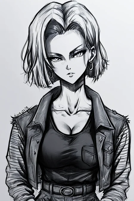 score_9, score_8_up, score_7_up, score_6_up, score_5_up, score_4_up <lora:android-18-ponyxl-lora-nochekaiser:0.8> ,android 18, white hair, eyelashes, hoop earrings, short hair, earrings, belt, black legwear, black shirt, breast pocket, cleavage, collarbone, denim, denim skirt, high-waist skirt, jewelry, long sleeves, pocket, shirt, shirt tucked in, skirt, striped, striped sleeves, waistcoat ,<lora:drawing_style_pony:1>, drawing_style, drawing, sketch, 1girl, looking at the viewer, solo, alone, lines drawing, monochrome, greyscale, masterpiece, highres