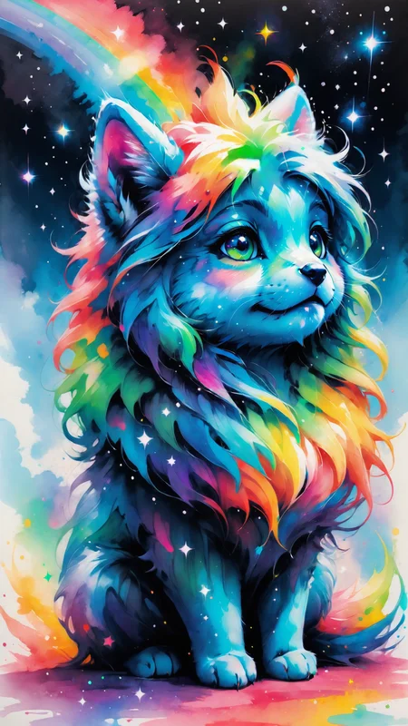 a fluffy creature, with rainbow-colored fur, sitting on a rainbow in the sky, far below is the world with green meadows, surrounded by sparkling stardust, JOY, cuteness overload, magical, Colorsplash <lora:SDXLPaintSplash:1>,