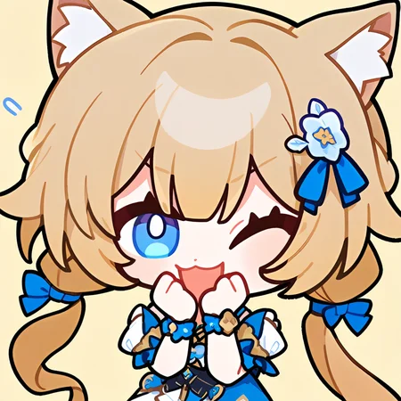 1girl,solo,cat ears,animal ear fluff,hair ornament,hair bow,long hair,blonde hair,low ponytail,twintails,blue eyes,open mouth,blue bow,dress,blue dress,braid,short sleeves,white frills,
v,smile,one eye closed,hands on own chin,hands up,
simple background,yellow background,
<lora:ag31-honkai_star_rail_expression_2-000036:1>,