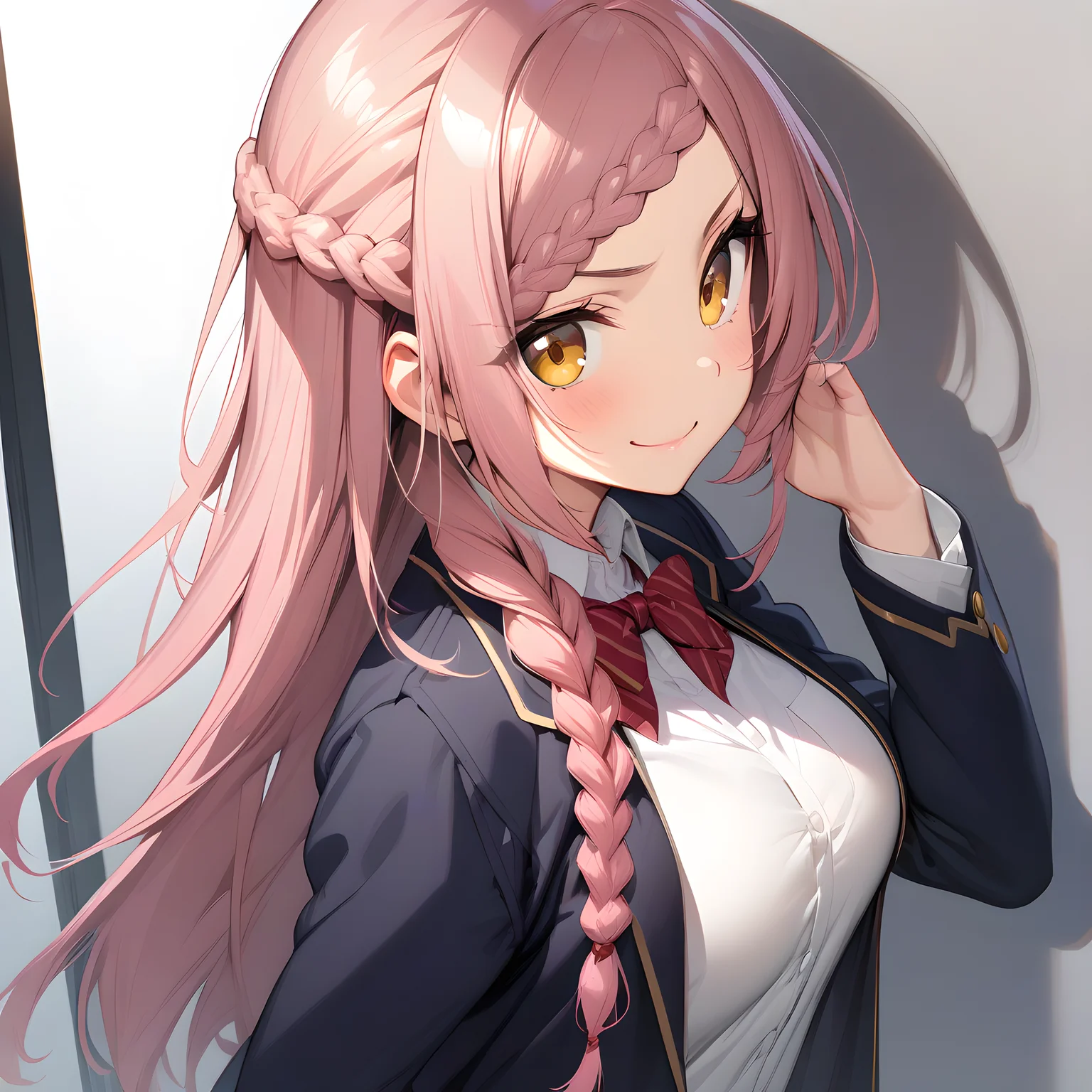(masterpiece),(best quality),(ultra-detailed),(best illustration),(best shadow),(absurdres),(detailed background),(very aesthetic), yoshida_kochou, 1girl, braid, solo, breasts, long hair, large breasts, pink hair, smile, jacket, school uniform, white background, upper body, simple background, looking at viewer, shirt, white shirt, standing, looking at viewer, smug face, large breasts, <lora:XL-YoshidaKochou:1>