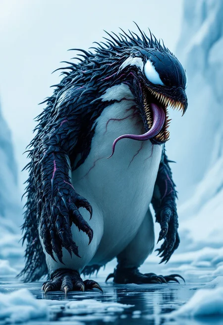 A cinematic portrait of a colossal creature, whose unique design fuses the graceful elegance of a penguin with the menacing aura of Venom. Its shiny, black feathers are interlaced with pulsating white and purple veins, giving it an eerie, unnatural glow. This monstrosity's once harmless beak has morphed into an elongated, jagged structure, brimming with razor-sharp teeth, while a grotesque venom-shaped tongue lives in shadows from its gaping mouth. Its white, pupil-less eyes glimmer with a cold, unrelenting stare, contrasting with the darkness that envelops its face. The creature's flippers have evolved into powerful, clawed appendages capable of tearing through ice and flesh, while its imposing, twisted body leaves deep cracks in the ice with each step.