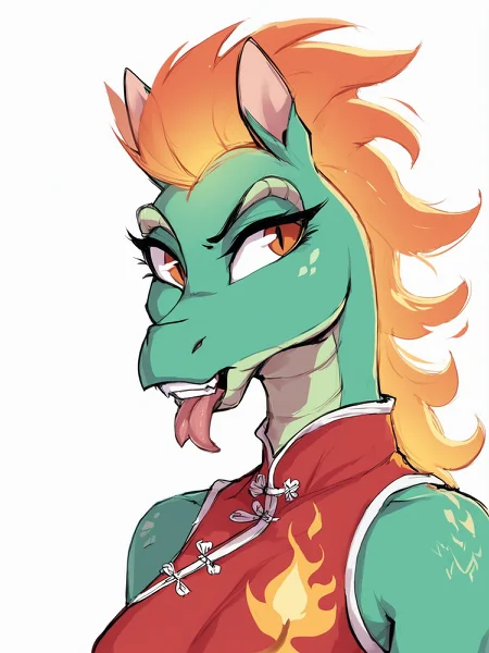 score_9,score_8,score_7,source_furry,
<solo:1.5>,
<1girl:1.5>,
dragon horse,
female,
tits,
dress,
fire hair,
flame hair,
flames,
anthro,
qipao,
green body,
green scales,
upper body,
face focus,
face zoom,
<white background:1.5>,
<simple background:1.5>,
<lora:Tianhuo_F_Herds_Pony_SDXL:1> tianhuo_tfh, dumb,
confused,
teeth,
tongue out,