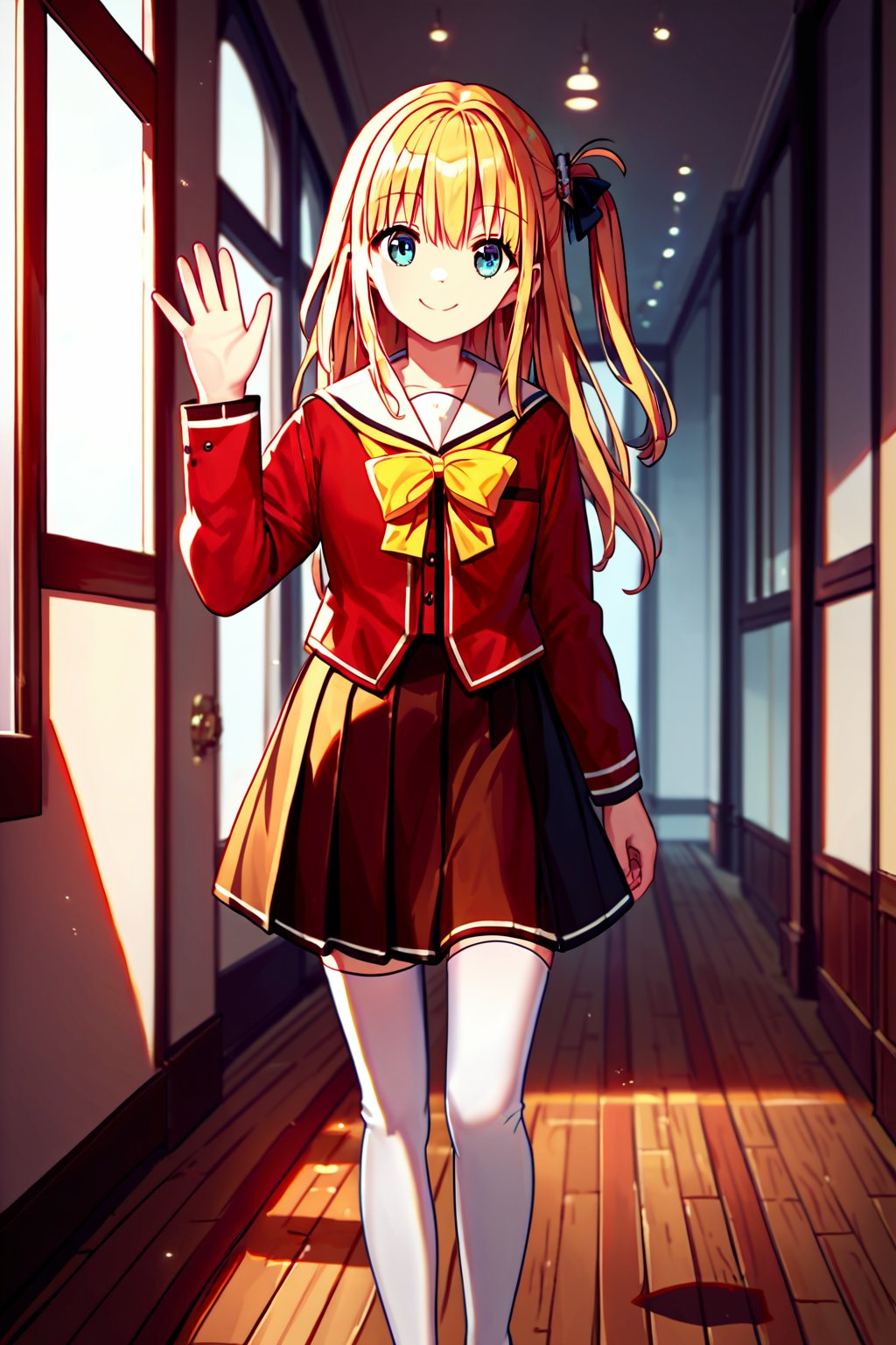 score_9, score_8_up, score_7_up, score_6_up, rating_safe, source_anime, best quality, masterpiece, detailed background, school hallway, walking, waving, smile, <lora:yusarin-xl-04:1.2>, yusarin, red uniform with yellow bow, black skirt, white stockings, blonde hair, one side up,