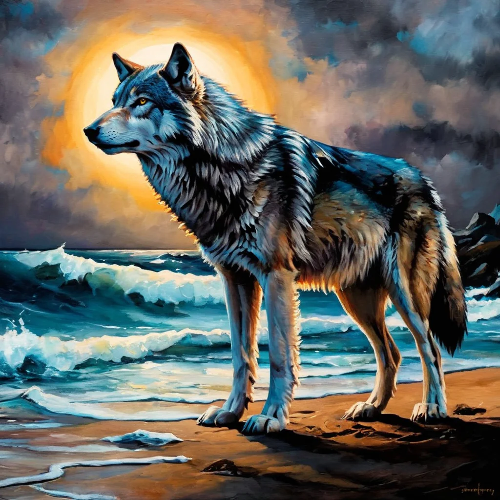 Dark Fantasy Art of <lora:Dark Art Painting Style:1>
a painting of a wolf standing on a beach dark art painting style, dark, moody, dark fantasy style