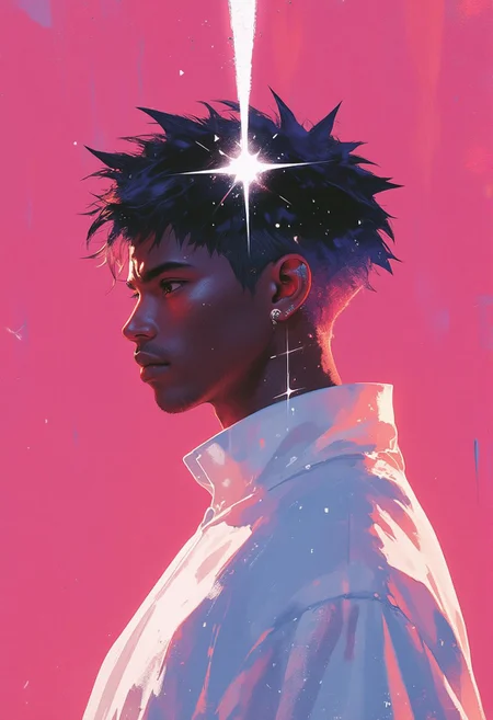 in the style of Jed-clrfl, This is a highly stylized, digital artwork featuring a close-up profile of a young man with a deep, rich skin tone. The entire scene, including the man and the background, is dominated by vibrant magenta color tones. A bright white light radiates from the top of his head, creating a dramatic and surreal contrast against the magenta environment. His hair is styled in sharp, spiky strands, fanning outward like a starburst, adding a dynamic and futuristic element to the composition. His facial features are partially illuminated, with his eyes and mouth cast in shadow, creating an enigmatic and focused expression. His eyebrows are sharply defined, and his gaze is directed downward, suggesting introspection. The background is a solid, deep magenta color, enhancing the visual intensity of the scene. He is wearing a high-collar white garment, subtly visible beneath the bright lighting and surrounded by the magenta glow. The overall style of the artwork is modern, avant-garde, and conceptual, blending contemporary digital art techniques with surreal lighting effects to create a visually striking and atmospheric portrait.