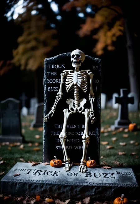 score_9, score_8_up, Photography, stvmccrr style, bokeh, Halloween, eerie, darkness, a skeleton, intriguing, scary, realistic, nightmare, crawling on a tombstone, text:"Trick or Buzz"