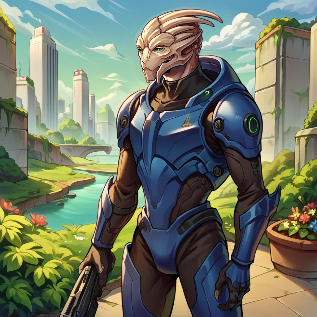 score_9, score_8_up, score_7_up, score_6_up, score_5_up, score_4_up, METurianM, 1boy, alien, blue armor, jumpsuit, standing, rifle, horns, garden, greenhouse, science fiction, on top of building, skyscraper, utopia, cowboy shot <lora:METurianPonyV6MF-03:1>
