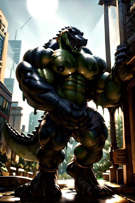 ((full body)), solo, male, saltwater crocodile, crocodilian, crocodylid, muscular male, ((black body, black scales)), black countershading, (countershade torso, countershade legs), digitigrade, detailed eyes, detailed face, (open dress shirt, dress shorts, ankle band), barefoot, (body bursting through skyscraper, bits of green goo on pectorals and mouth), ((torn clothing, ripped clothing)), ((hyper muscles, huge muscles, big muscles)), ((macro, gigantic, huge body, giant, massive, looming)), ((outside, skyscrapers around him)), (((growth, growing, motion lines))), detailed background, amazing background, by tankh, by darkgem, ((masterpiece)), 4k, hd, best details, epic, ((best quality)), (ultra detailed), natural light, sharp, amazing details