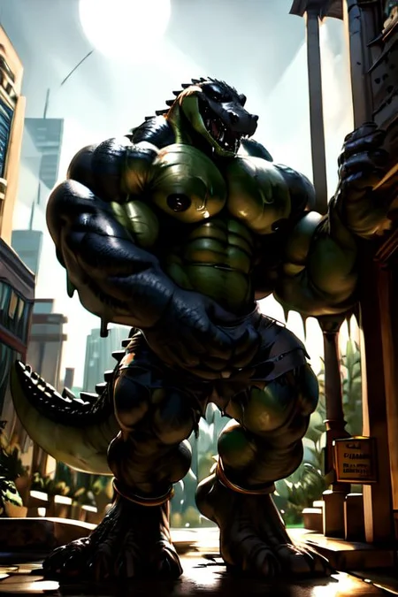 ((full body)), solo, male, saltwater crocodile, crocodilian, crocodylid, muscular male, ((black body, black scales)), black countershading, (countershade torso, countershade legs), digitigrade, detailed eyes, detailed face, (open dress shirt, dress shorts, ankle band), barefoot, (body bursting through skyscraper, bits of green goo on pectorals and mouth), ((torn clothing, ripped clothing)), ((hyper muscles, huge muscles, big muscles)), ((macro, gigantic, huge body, giant, massive, looming)), ((outside, skyscrapers around him)), (((growth, growing, motion lines))), detailed background, amazing background, by tankh, by darkgem, ((masterpiece)), 4k, hd, best details, epic, ((best quality)), (ultra detailed), natural light, sharp, amazing details