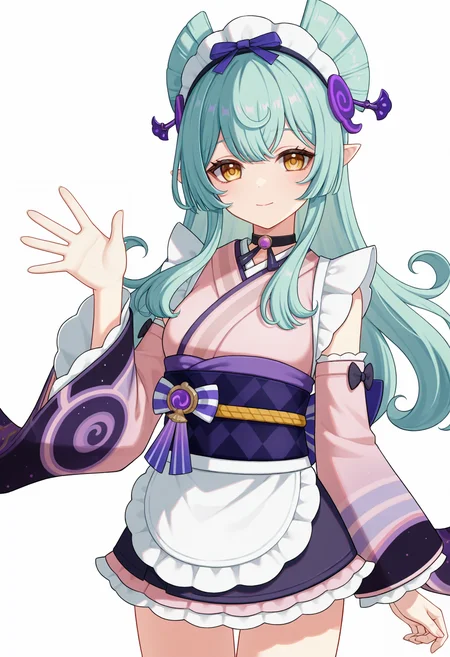 <lora:Mizuki-000010:1>,
yumemizuki mizuki \(Genshin Impact\),solo,long hair,apron,kimono,detached sleeves,pointy ears,looking at viewer,wide sleeves,yellow eyes,waist apron,closed mouth,pink kimono,obi,white_background,simple_background,hair bun,waving,hair ornament,wide sleeves,choker,short kimono,cowboy_shot