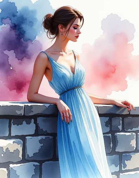 water color image on rough paper, Watercolor portrait of a stunning woman with loose, expressive lines; she leans elegantly against a worn stone wall, one hand resting on a weathered brick as if lost in thought; soft pastel shades blend into a gradient background featuring a twilight sky with deep purples and blues; her flowing gown drapes gracefully, the folds depicted with delicate texture; her face rendered with subtle shading, revealing a quiet contemplation; the composition focuses on gentle lines and muted tones to create intimacy and serenity. Soft lighting, delicate shadows, expressive watercolor strokes.