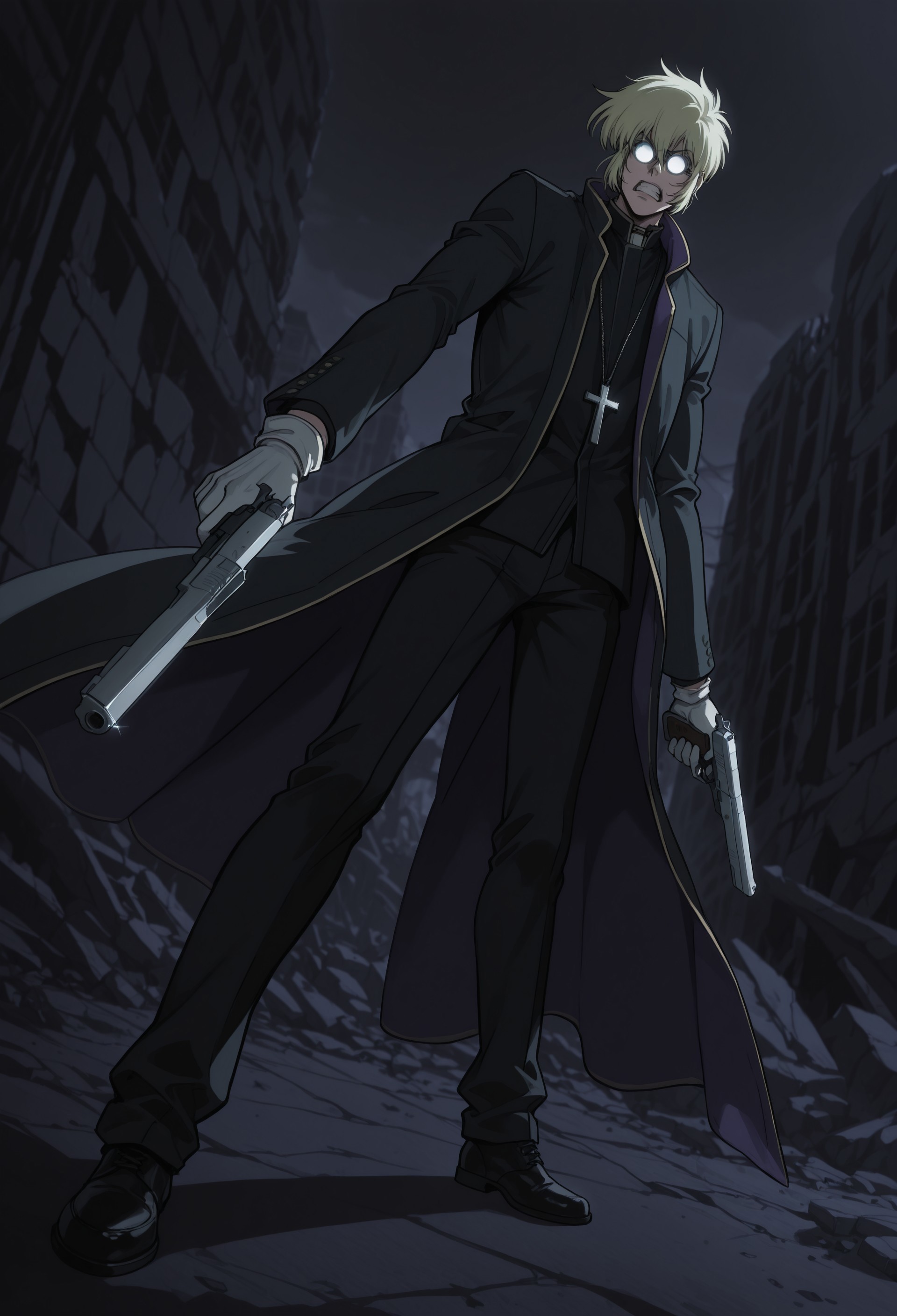 masterpiece, best quality, amazing quality, very aesthetic, absurdres, HeinkelWolfe, 1girl, blonde hair, short hair, green eyes, partially opaque glasses, silver cross necklace, grey overcoat, two-sided coat, black sleeveless jacket, white gloves, black pants, black shoes, holding weapon, handgun, holding gun, dual wielding, dynamic pose, perspective, angry, clenched teeth, outdoors, night, dark, ruins