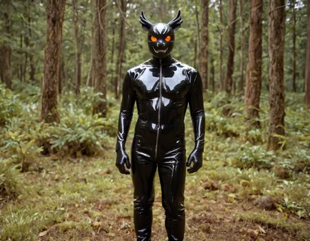 a galago animal wearing a latex costume, in a forest where the trees have latex trunks