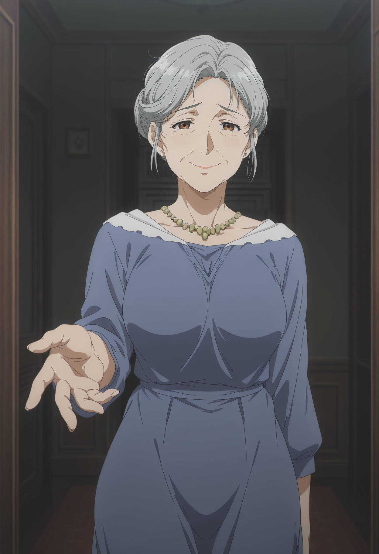 1girl,solo,mm,mature female,old woman,grey hair,brown eyes,hair bun,anime coloring,
blue dress,reaching,reaching towards viewer, looking at viewer, sad smile,cowboy shot, indoors
,masterpiece,best quality,amazing quality,<lora:Tiffany_Evergarden-Violet_Evergarden_IL:0.7>