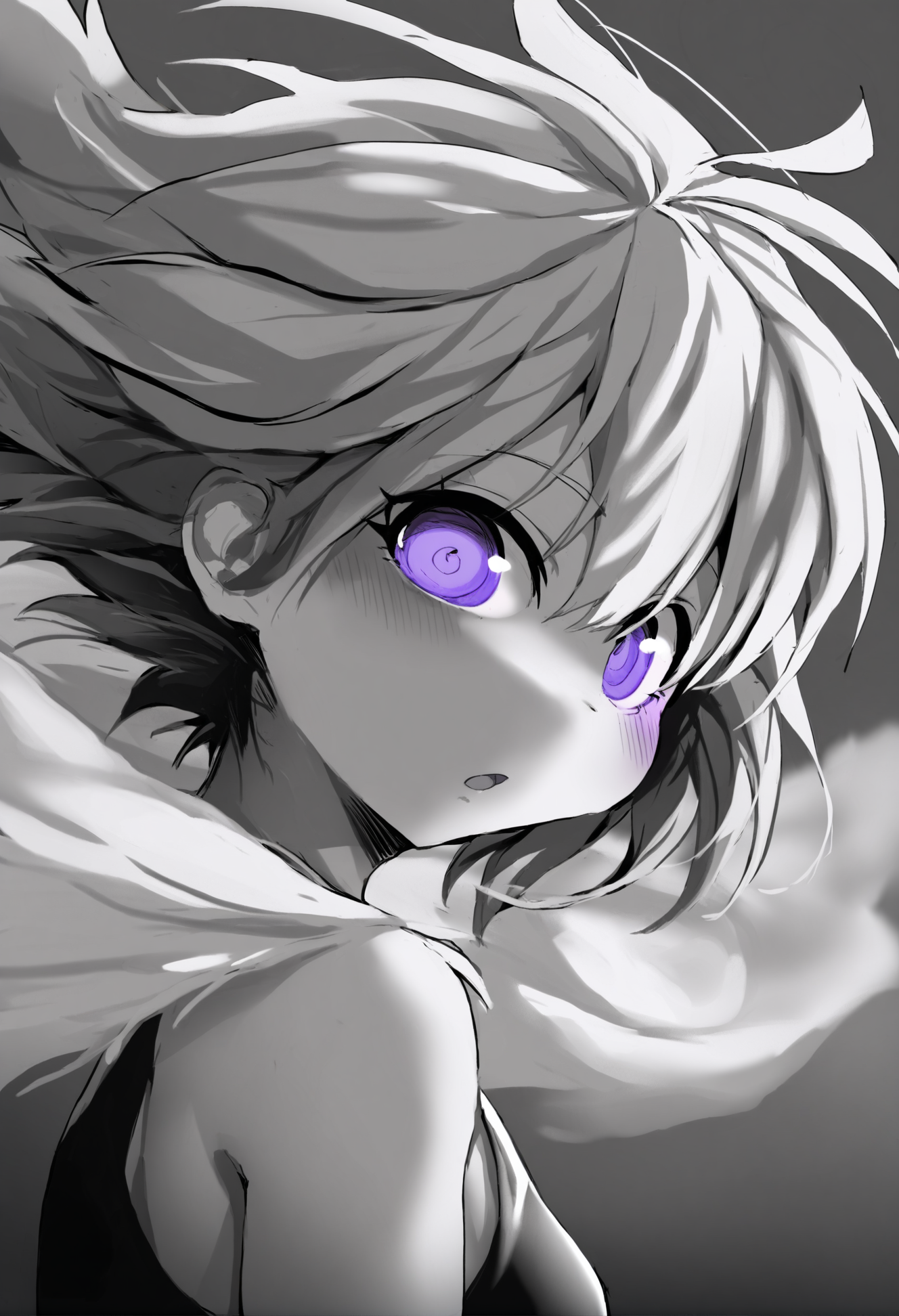 masterpiece, hyper detailed, best quality,(furry:1.3),1girl, solo, short hair, portrait, monochrome, floating hair, looking at viewer, grey background, spot color, simple background, blurry, open mouth, parted lips, greyscale, depth of field, multicolored eyes, bare shoulders, purple eyes, eyelashes, blue eyes  ,<lora:DAGASIXLlokr8f-000188:0.95>