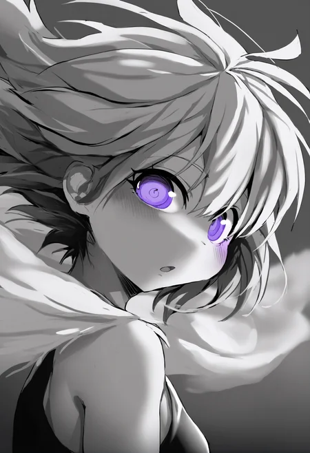masterpiece, hyper detailed, best quality,(furry:1.3),1girl, solo, short hair, portrait, monochrome, floating hair, looking at viewer, grey background, spot color, simple background, blurry, open mouth, parted lips, greyscale, depth of field, multicolored eyes, bare shoulders, purple eyes, eyelashes, blue eyes ,<lora:DAGASIXLlokr8f-000188:0.95>