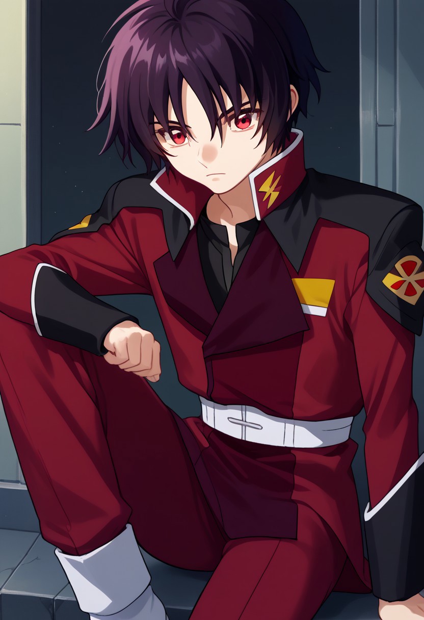 score_9, score_7_up, source_anime 
shinn, 1boy, male focus, solo, red eyes, black hair, uniform, military, military uniform, jacket, red jacket, long sleeves, belt, white belt, pants, red pants, boots, white footwear, 
indoor
