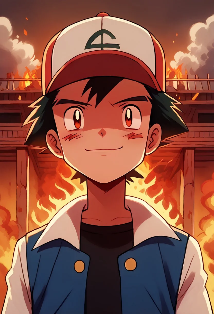 (score_9)), score_8_up, score_7_up, ((high quality)), ((masterpiece)), perfect face, source_anime, 4k, (ultra HD quality details), flat color, 1boy, solo, skinny ash3, 1boy, pokemon (creature), hat, male focus, baseball cap, black hair, day, on shoulder, jacket, shirt, black shirt, sky, pokemon on shoulder, evil smile, smug, indoors, Burn1ngBuild, fire, interior, smoke, ruins, flippingthebird,