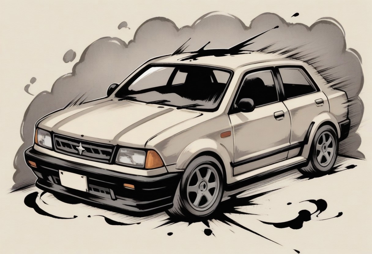 sumi-e, minimalist style, heavy ink, thick lines, smudged lines,
Chandra gasps in shock as a car crashes into the wall