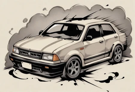 sumi-e, minimalist style, heavy ink, thick lines, smudged lines,
Chandra gasps in shock as a car crashes into the wall
