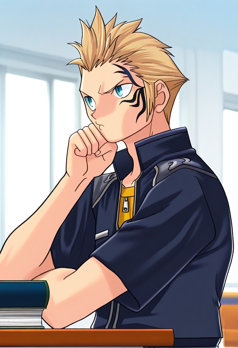 masterpiece, best quality, <lora:Tsukihime NXL:1>,solo,masterpiece, best quality, 
zell, 1boy, male focus, solo, blue eyes, blonde hair, short hair, spiked hair, tattoo, facial tattoo, uniform, seed uniform, military uniform, jacket, grey jacket, popped collar, short sleeves, zipper, frown, upper body
indoor, classroom, elbow on desk, classroom, headrest, chin in hand, book on desk, pout