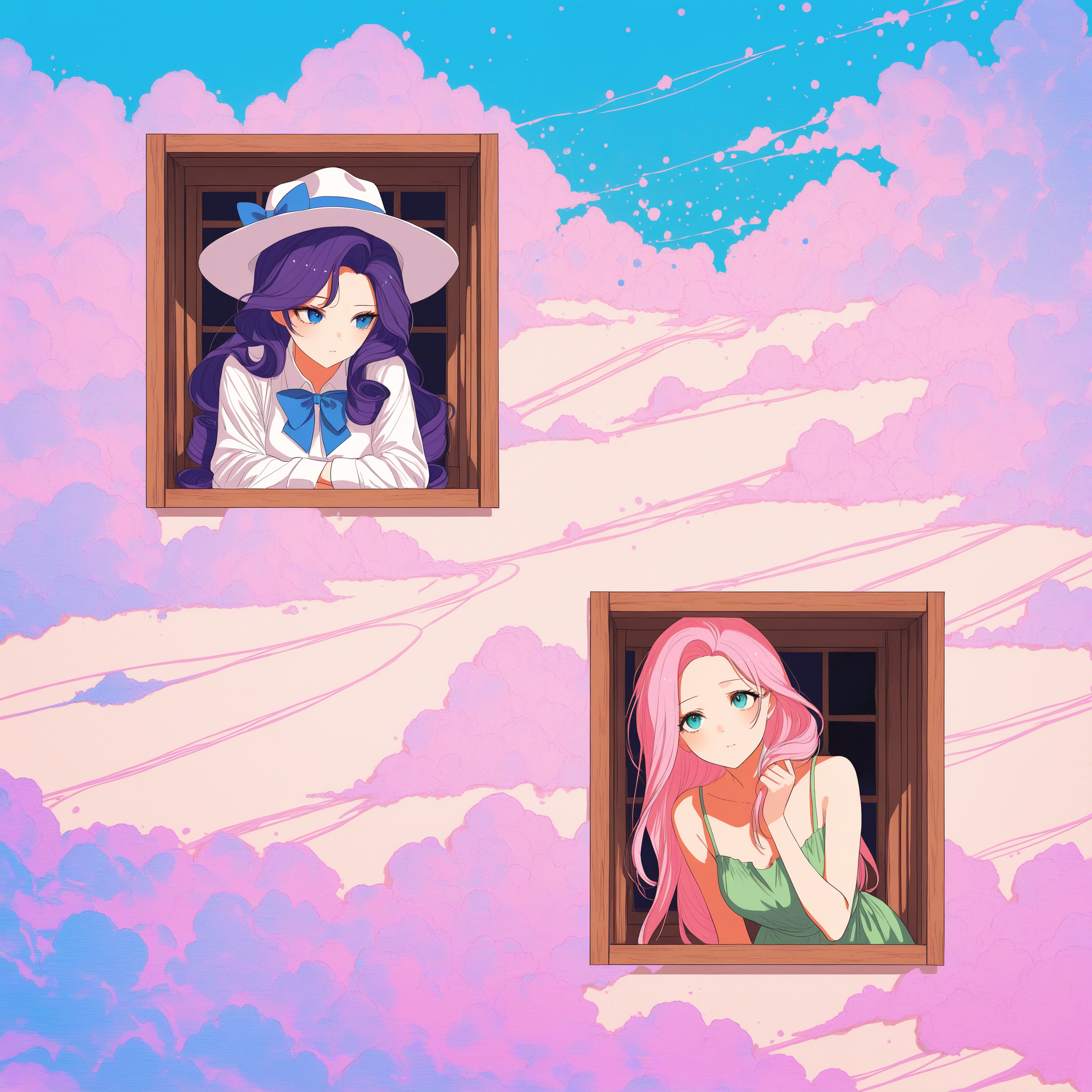 by lpip, by cogecha, by shiej007, simple background, straight-on, masterpiece, very awa, amazing quality, best quality, newest, highres, absurdres, <lora:StS-Illustrious-Detail-Slider-v1.0:1>,
glitch, vaporwave, vhs artifacts, aliasing,  film grain, surreal,  sky blue background, glitchy clouds, unmoving pattern, wide shot, small clouds, too many clouds, glow around frames, (drop shadow:0.5), fourth wall,
BREAK,
2girls, aged up, rarity \(my little pony\), humanization, blue eyes, wide-brim white hat, blue bow on hat, leaning forward, turning head, peeking out, sticking head out window, wooden window, looking to the side, straight-on, frame, inset, looking at another,
BREAK,
aged up, fluttershy \(my little pony\), humanization, aqua eyes, turning head, leaning forward, green dress, sundress,  peeking out, sticking head out of window frame, looking up, holding on, wooden window frame, border, outdoors, looking at another,