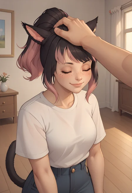 score_9, score_8_up, score_7_up BREAK <lora:clamXIVMC_v20:1> xivmc, animal ears, two-tone hair, ponytail, freckles, cat tail, <lora:Headpat_XLPD:0.8> headpat, pov hands, smile, closed eyes, blush, indoors
