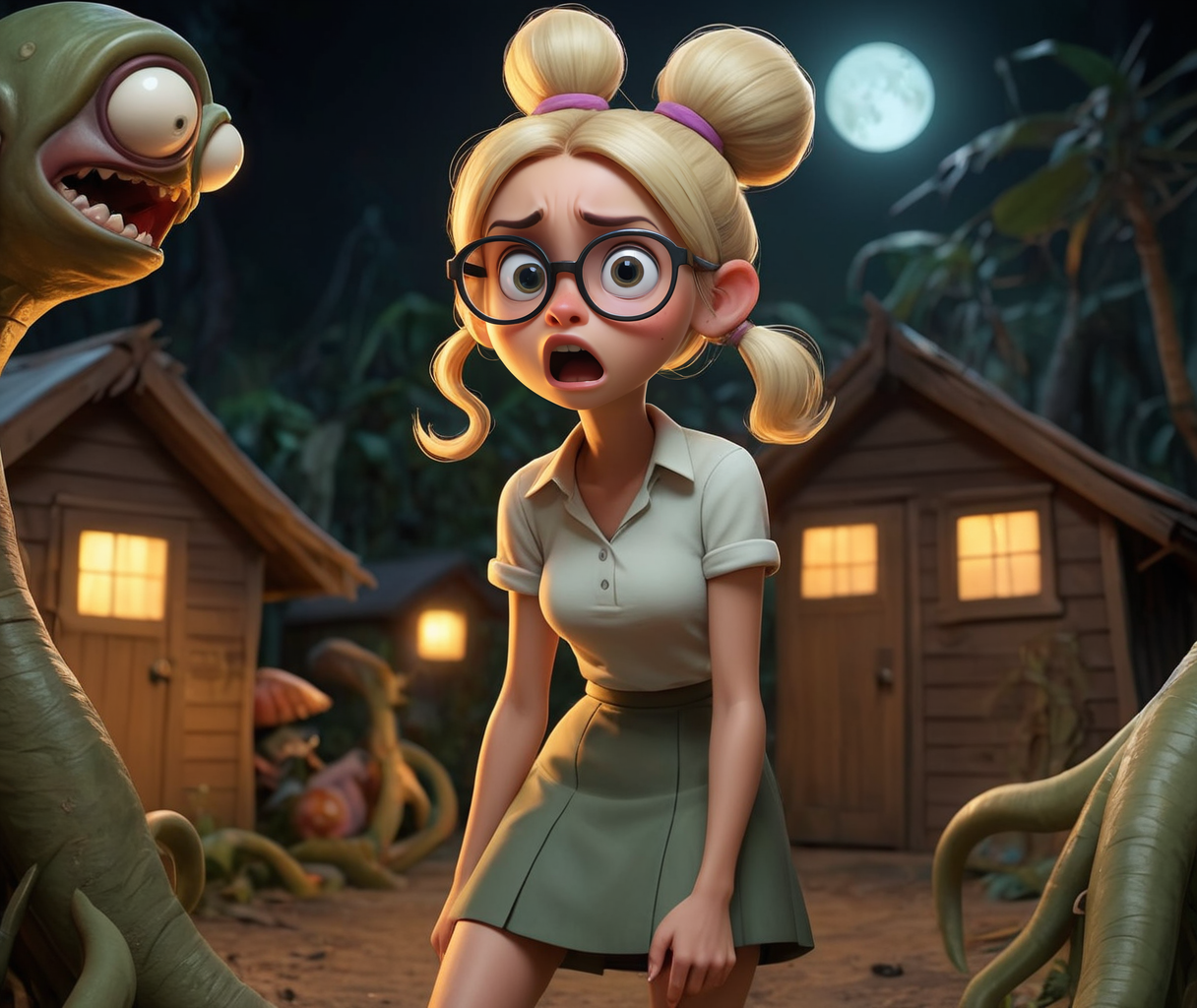 pixar style, cute slim extremely shocked young woman with a bun and blonde very long hair and big glasses in a very short skirt in front of a hut in the jungle and a scary tentacle monster from space and fishmen and zombies in the background at midnight, horrors beyond imagination, masterpiece