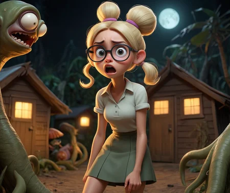 pixar style, cute slim extremely shocked young woman with a bun and blonde very long hair and big glasses in a very short skirt in front of a hut in the jungle and a scary tentacle monster from space and fishmen and zombies in the background at midnight, horrors beyond imagination, masterpiece